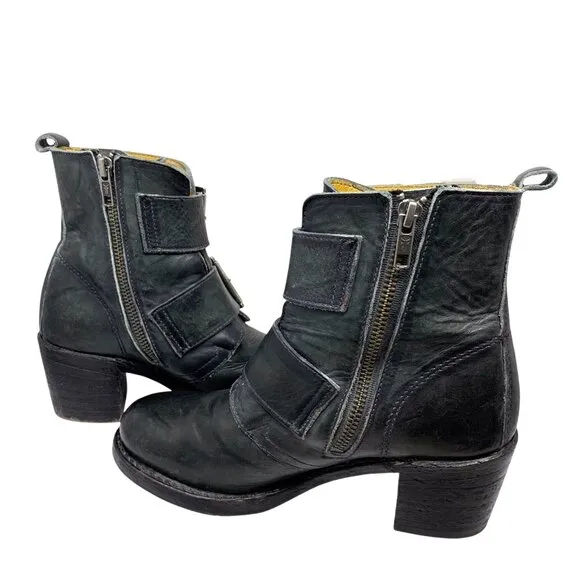 Frye Sabrina Black Leather‎ Double Buckle Ankle Boots