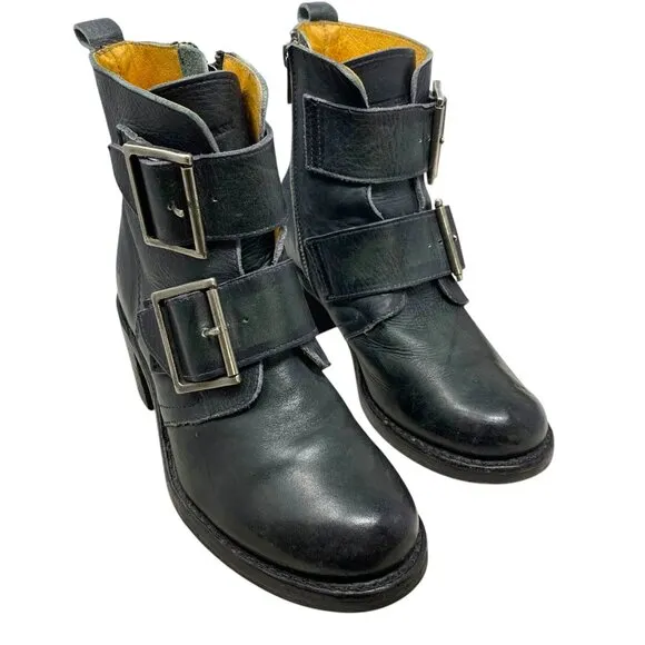 Frye Sabrina Black Leather‎ Double Buckle Ankle Boots