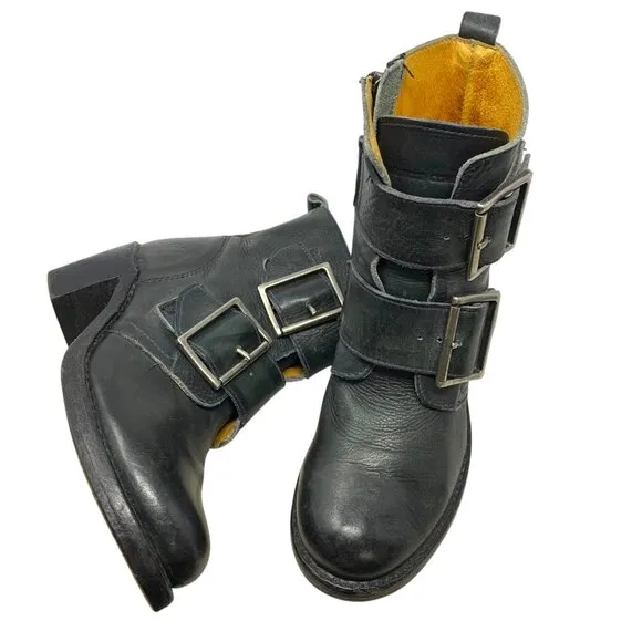Frye Sabrina Black Leather‎ Double Buckle Ankle Boots
