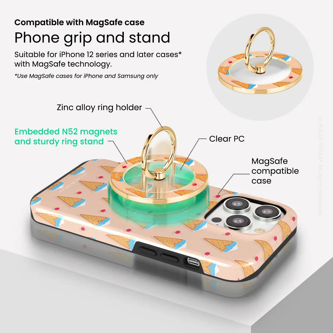 Fujisan Peach Ice Cream - Golden MagSafe Phone Grip and Ring Holder Stand