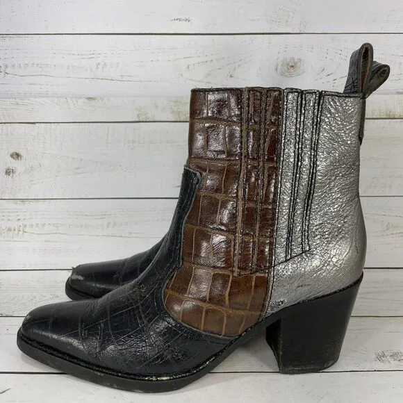 Ganni Western Colorblock Leather Ankle Boots Womens Size 37 US Size 6 Italy