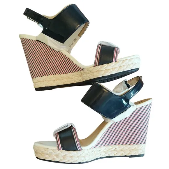 Geox Respira  Patent Leather Braided Women's Wedge Sandals D Janira Navy  9 39