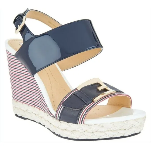 Geox Respira  Patent Leather Braided Women's Wedge Sandals D Janira Navy  9 39