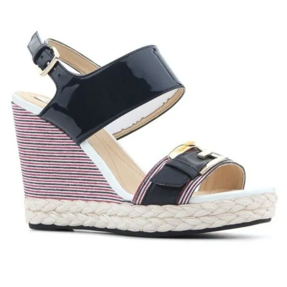 Geox Respira  Patent Leather Braided Women's Wedge Sandals D Janira Navy  9 39