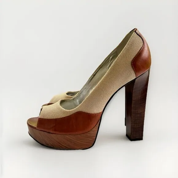 Gianni Bini Tan Brown &amp; Off White Ecru and Beige Leather Met with Wooden Heels 7