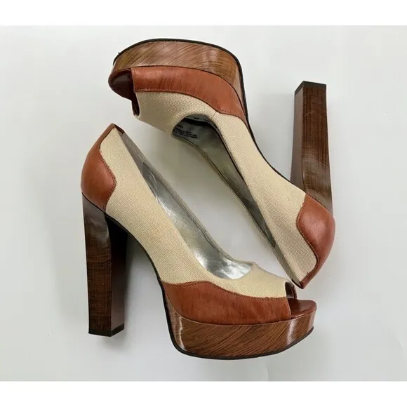Gianni Bini Tan Brown &amp; Off White Ecru and Beige Leather Met with Wooden Heels 7