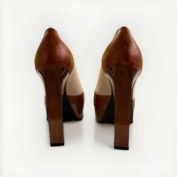 Gianni Bini Tan Brown &amp; Off White Ecru and Beige Leather Met with Wooden Heels 7