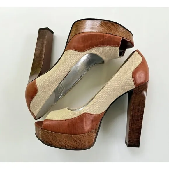 Gianni Bini Tan Brown &amp; Off White Ecru and Beige Leather Met with Wooden Heels 7
