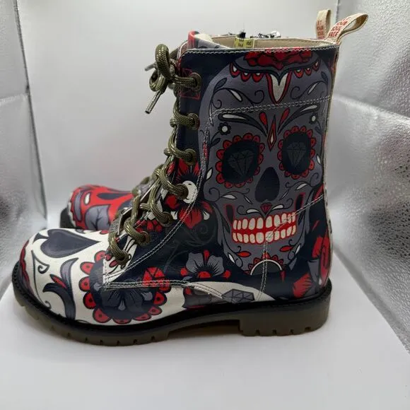 Goby Sugar Skull‎ Combat Boots Day of the Dead Gothic Lace Up Boots Size 35/5