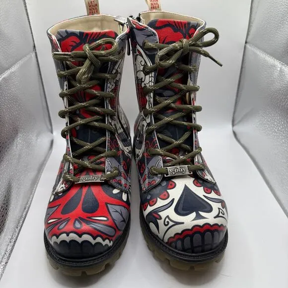 Goby Sugar Skull‎ Combat Boots Day of the Dead Gothic Lace Up Boots Size 35/5