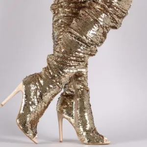 GOLD-&quot;ESSENTIAL ELEGANCE &quot;Over The Knee High Boots Sequins Peep Toe ( BRAND NEW!
