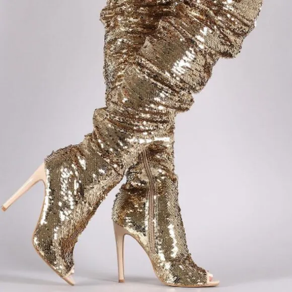 GOLD-&quot;ESSENTIAL ELEGANCE &quot;Over The Knee High Boots Sequins Peep Toe ( BRAND NEW!
