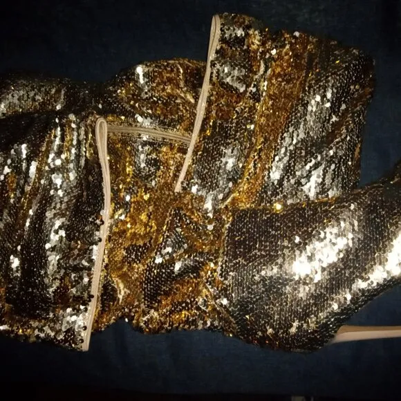 GOLD-&quot;ESSENTIAL ELEGANCE &quot;Over The Knee High Boots Sequins Peep Toe ( BRAND NEW!
