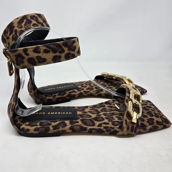 GOOD AMERICAN Leopard Print Sandals with Gold Accents Square Toe Ankle Strap