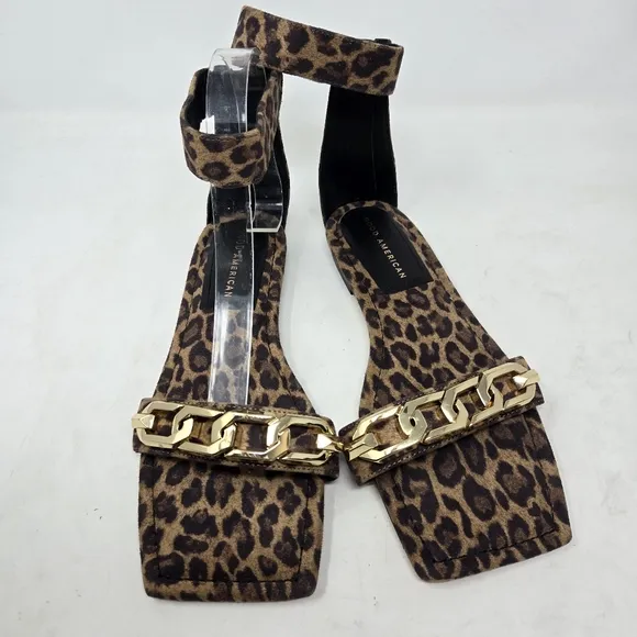 GOOD AMERICAN Leopard Print Sandals with Gold Accents Square Toe Ankle Strap