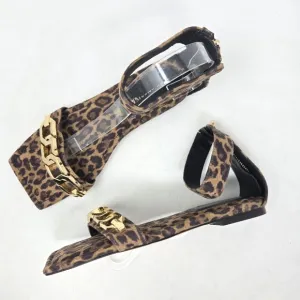 GOOD AMERICAN Leopard Print Sandals with Gold Accents Square Toe Ankle Strap