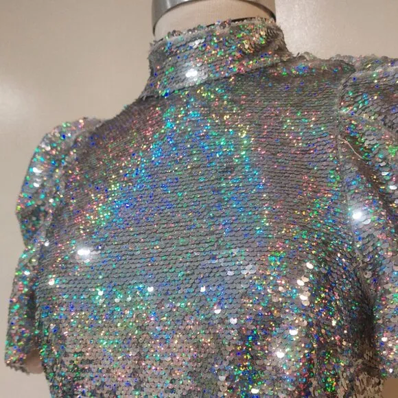 💋GORGEOUS!💋Retro 80's Sleeve Iridescent Sequin Bow Back Mini Dress