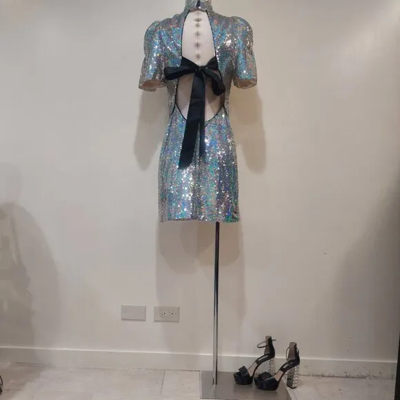 💋GORGEOUS!💋Retro 80's Sleeve Iridescent Sequin Bow Back Mini Dress