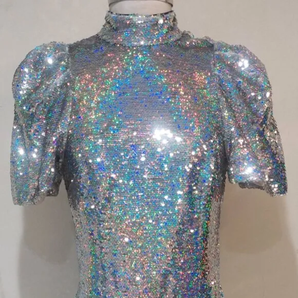 💋GORGEOUS!💋Retro 80's Sleeve Iridescent Sequin Bow Back Mini Dress