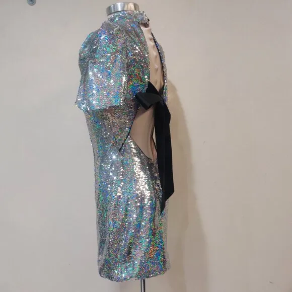💋GORGEOUS!💋Retro 80's Sleeve Iridescent Sequin Bow Back Mini Dress