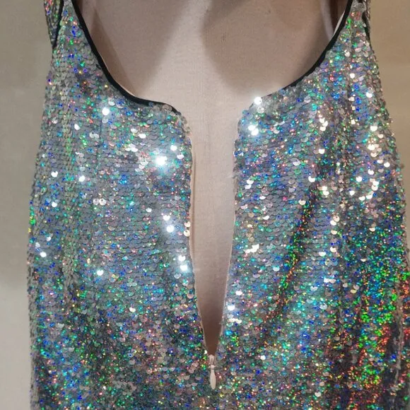 💋GORGEOUS!💋Retro 80's Sleeve Iridescent Sequin Bow Back Mini Dress