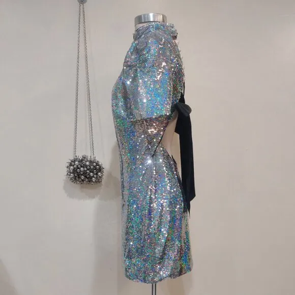 💋GORGEOUS!💋Retro 80's Sleeve Iridescent Sequin Bow Back Mini Dress