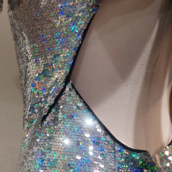 💋GORGEOUS!💋Retro 80's Sleeve Iridescent Sequin Bow Back Mini Dress
