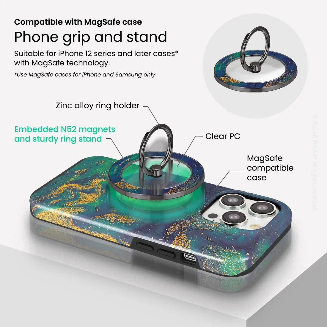 Green Night Quicksand - Black MagSafe Phone Grip and Ring Holder Stand