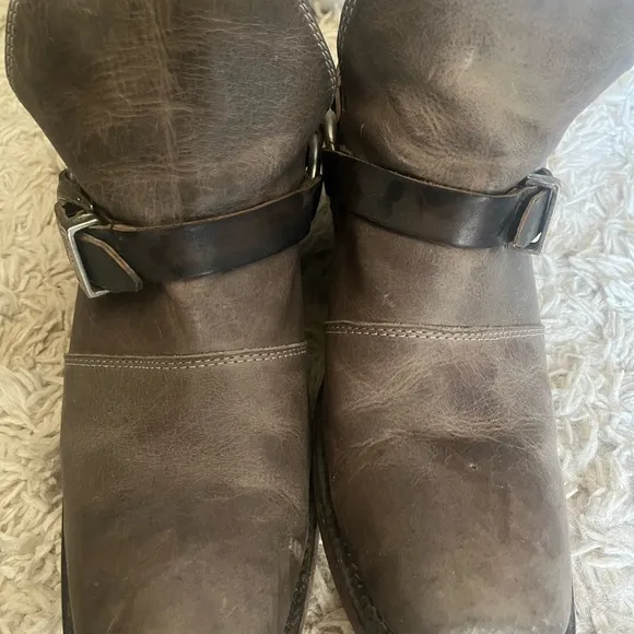 Grey Leather Ankle Boots with Buckle Detail