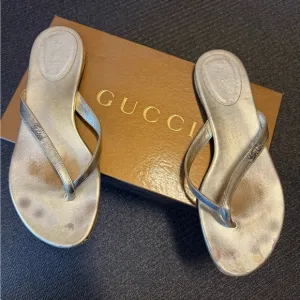 Gucci Gold Leather Flip Flop Sandals, Women’s 37.5