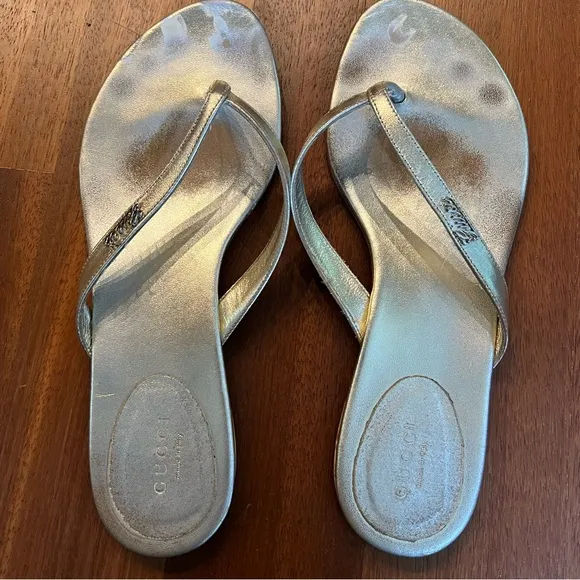 Gucci Gold Leather Flip Flop Sandals, Women’s 37.5