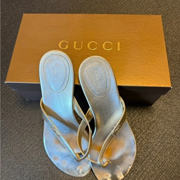 Gucci Gold Leather Flip Flop Sandals, Women’s 37.5