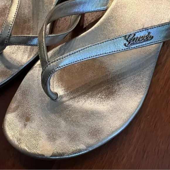 Gucci Gold Leather Flip Flop Sandals, Women’s 37.5