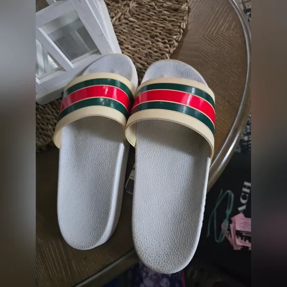 Gucci Slider Stylish White Slide Sandals with Striped Band