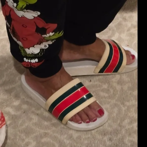 Gucci Slider Stylish White Slide Sandals with Striped Band