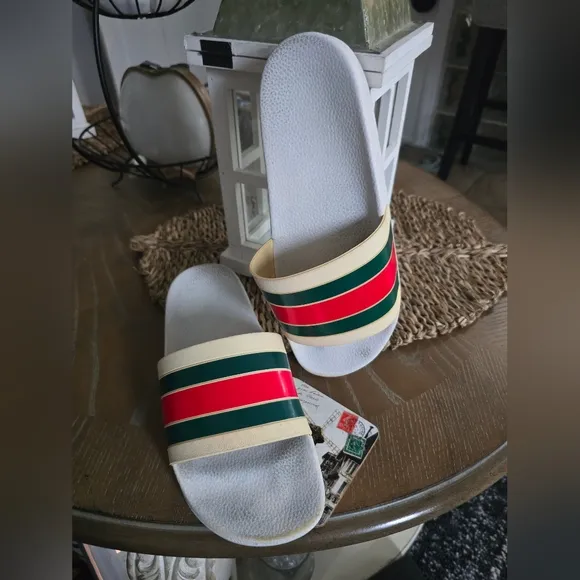 Gucci Slider Stylish White Slide Sandals with Striped Band