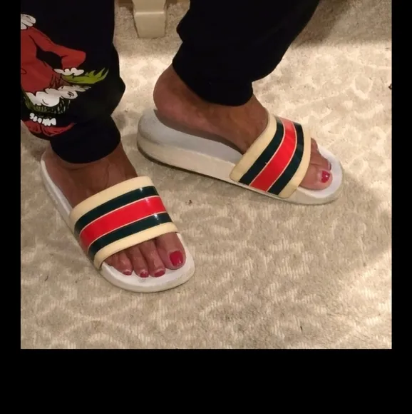 Gucci Slider Stylish White Slide Sandals with Striped Band