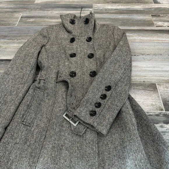 Guess Trench Coat Houndstooth Belt Double Breasted Black Button Casuals Winter L