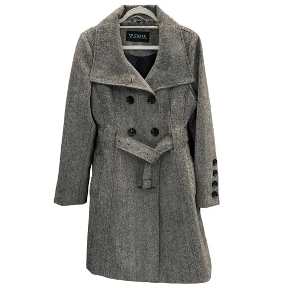 Guess Trench Coat Houndstooth Belt Double Breasted Black Button Casuals Winter L