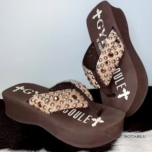 GYPSY SOULE Hair On Cowhide Swarovski Crystal Cowgirl Western Flip Flop Sandals