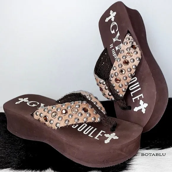GYPSY SOULE Hair On Cowhide Swarovski Crystal Cowgirl Western Flip Flop Sandals