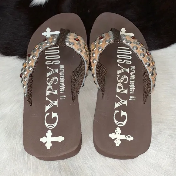 GYPSY SOULE Hair On Cowhide Swarovski Crystal Cowgirl Western Flip Flop Sandals