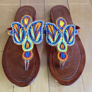 Handcrafted African Vibrant Blue and Yellow Beaded Flip-Flop sandals