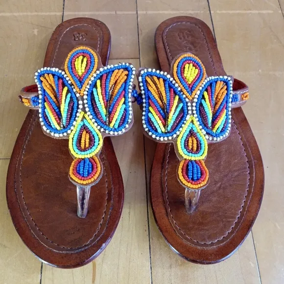 Handcrafted African Vibrant Blue and Yellow Beaded Flip-Flop sandals