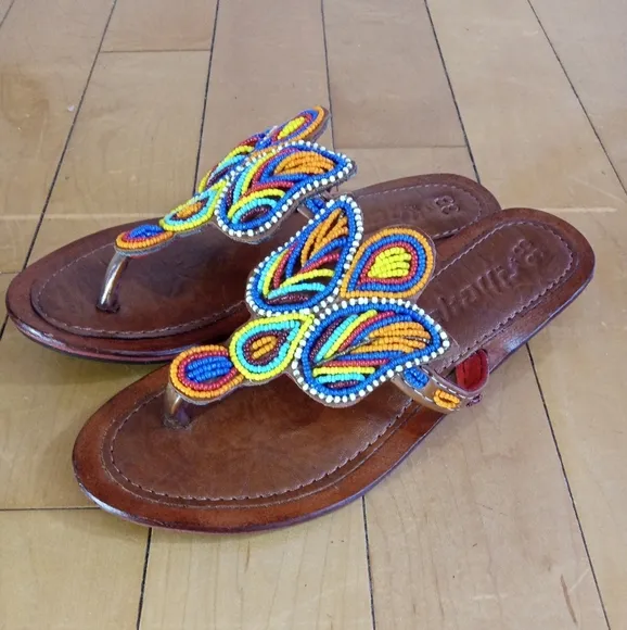 Handcrafted African Vibrant Blue and Yellow Beaded Flip-Flop sandals