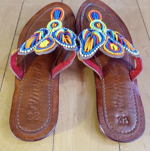 Handcrafted African Vibrant Blue and Yellow Beaded Flip-Flop sandals
