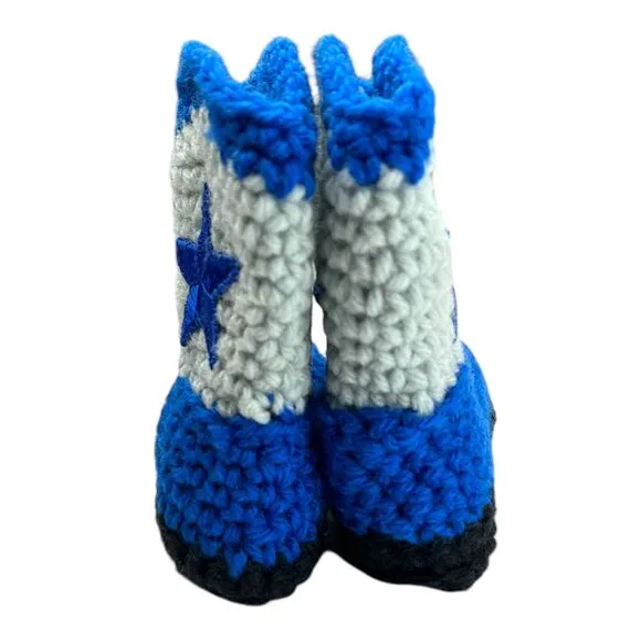 Handmade Crocheted Dallas Cowboys Gray Blue Star Cowboy Boots Baby Booties NEW