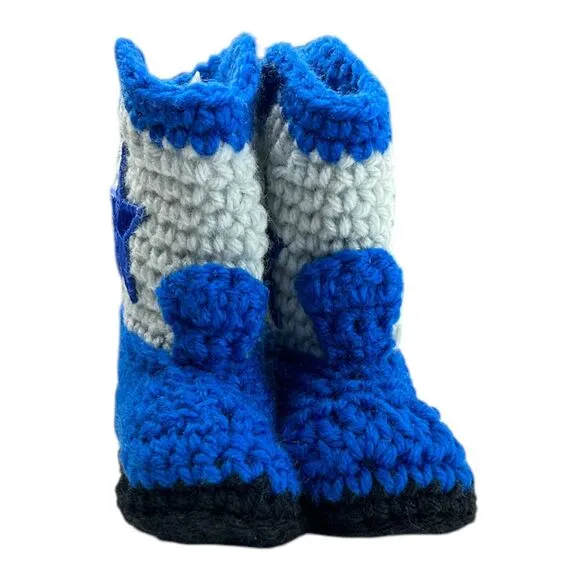Handmade Crocheted Dallas Cowboys Gray Blue Star Cowboy Boots Baby Booties NEW