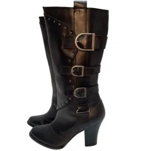 Harley Davidson Heeled Boots Women 8 Black Leather Studded Zip Up Y2K Biker