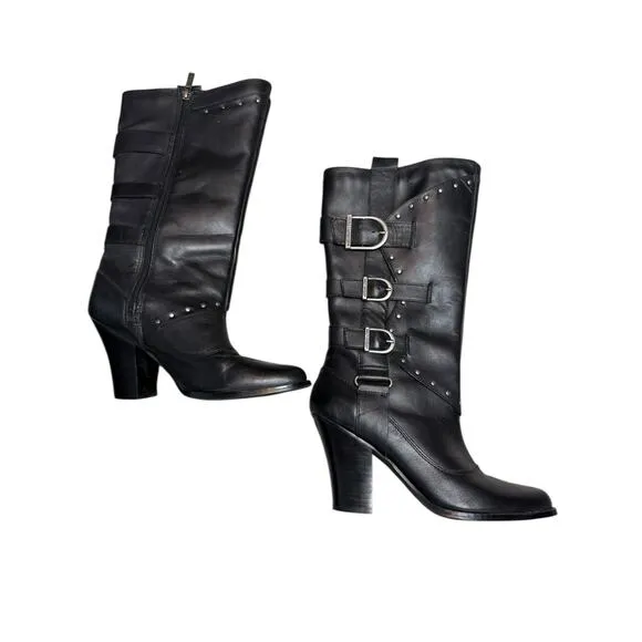 Harley Davidson Heeled Boots Women 8 Black Leather Studded Zip Up Y2K Biker